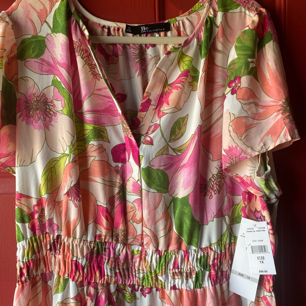Be by Chetta B Pink Green Floral V-Neck Smocked Waist Blouse